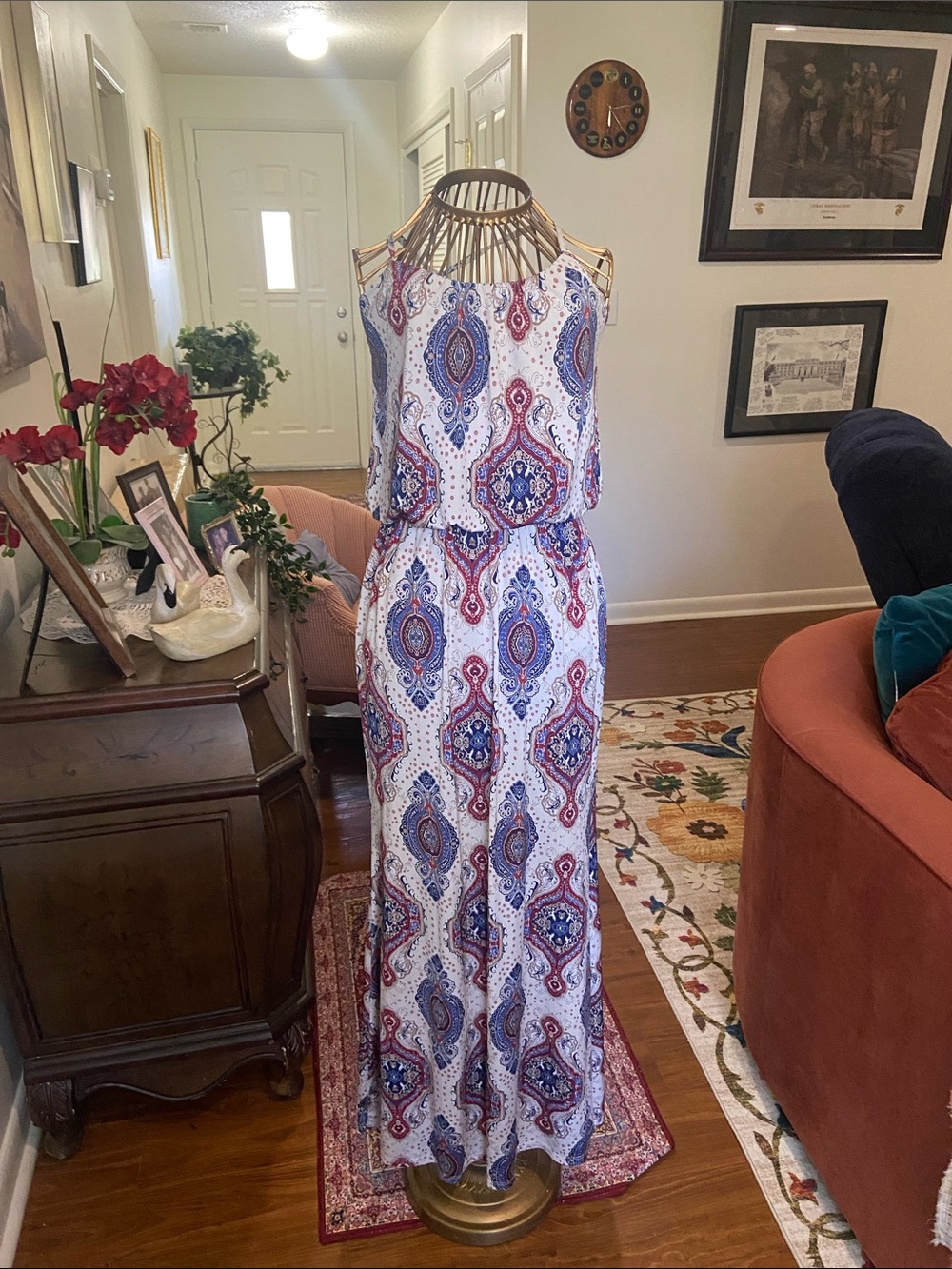 Sleeveless White Maxi Dress with Blue & Red Paisley Print
